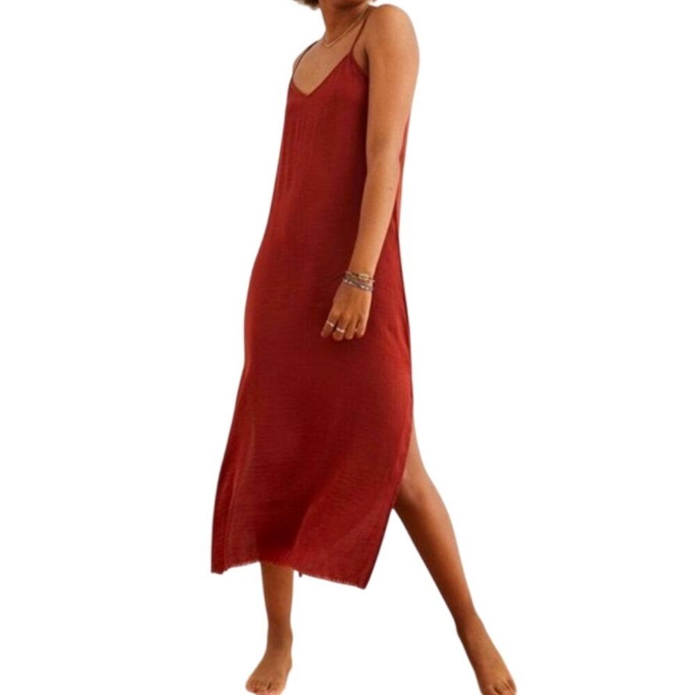 Terracotta 90s Whimsigoth Satin-Look Crinkled Camisole Midi Slip Dress Size XS